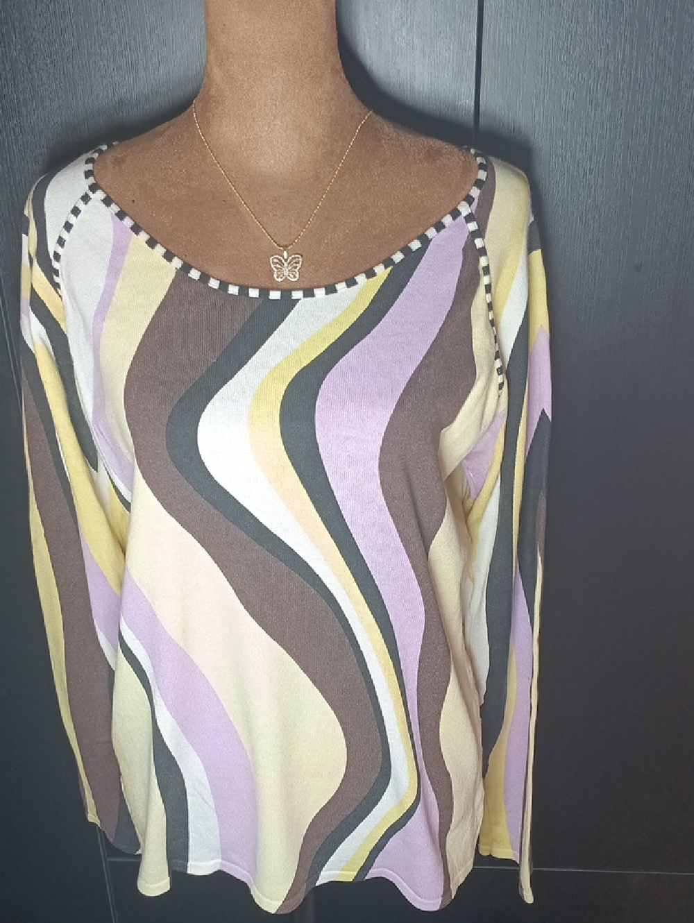 Pierri New York Abstract Wave Print Scoop Neck Knit Top L